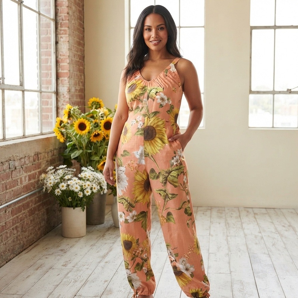 Agua Bendita Sunflower Floral Jumpsuit Women Large orange peach Sleeveless Boho